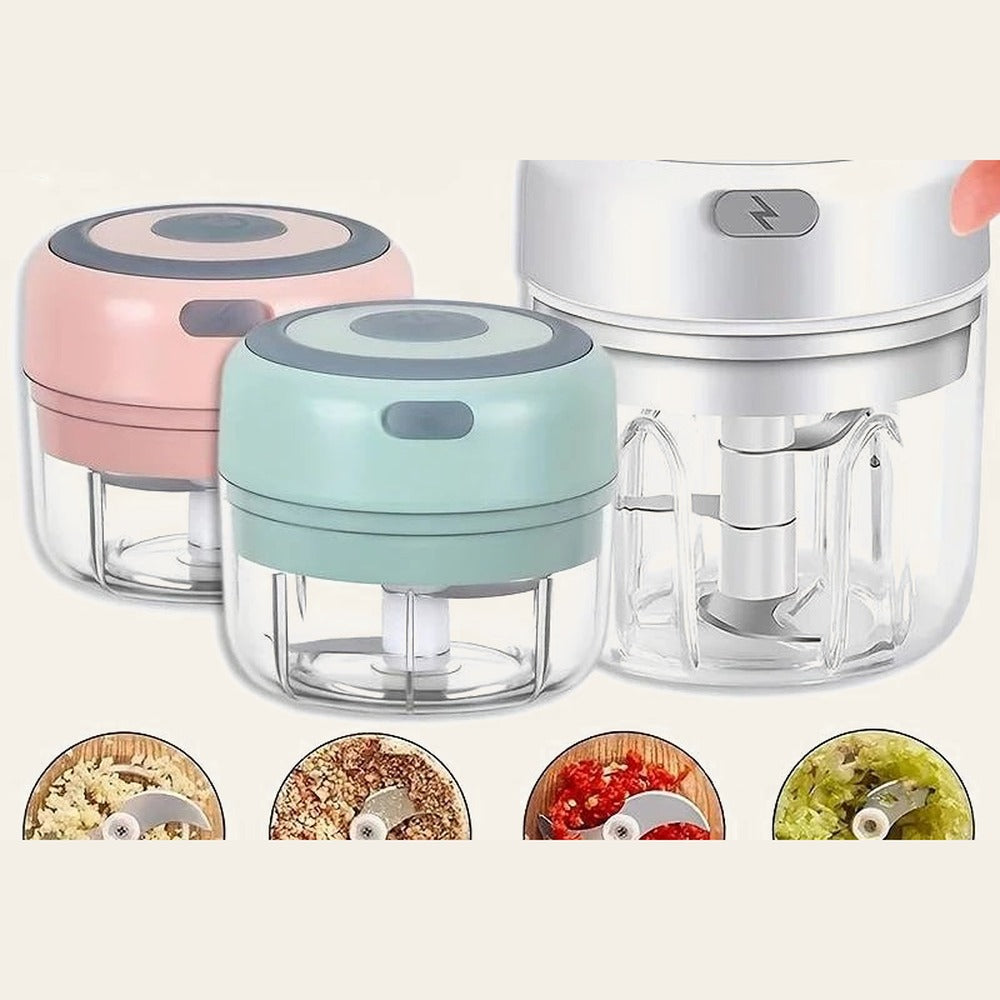 Mini electric garlic chopper in pink, mint green and white