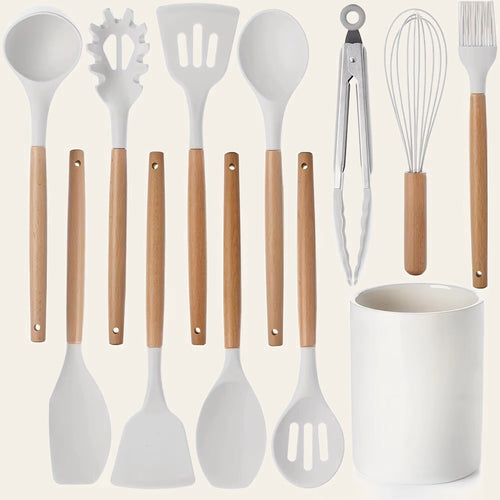 12-piece silicone and wood kitchen utensil set with holder