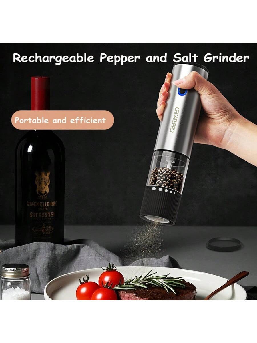 Rechargeable pepper and salt grinder used one-handed over a plate