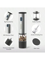 Features: big press button, visible food bin, 304 stainless steel, ceramic grinding core, 5 levels of adjustable thickness, dust cover