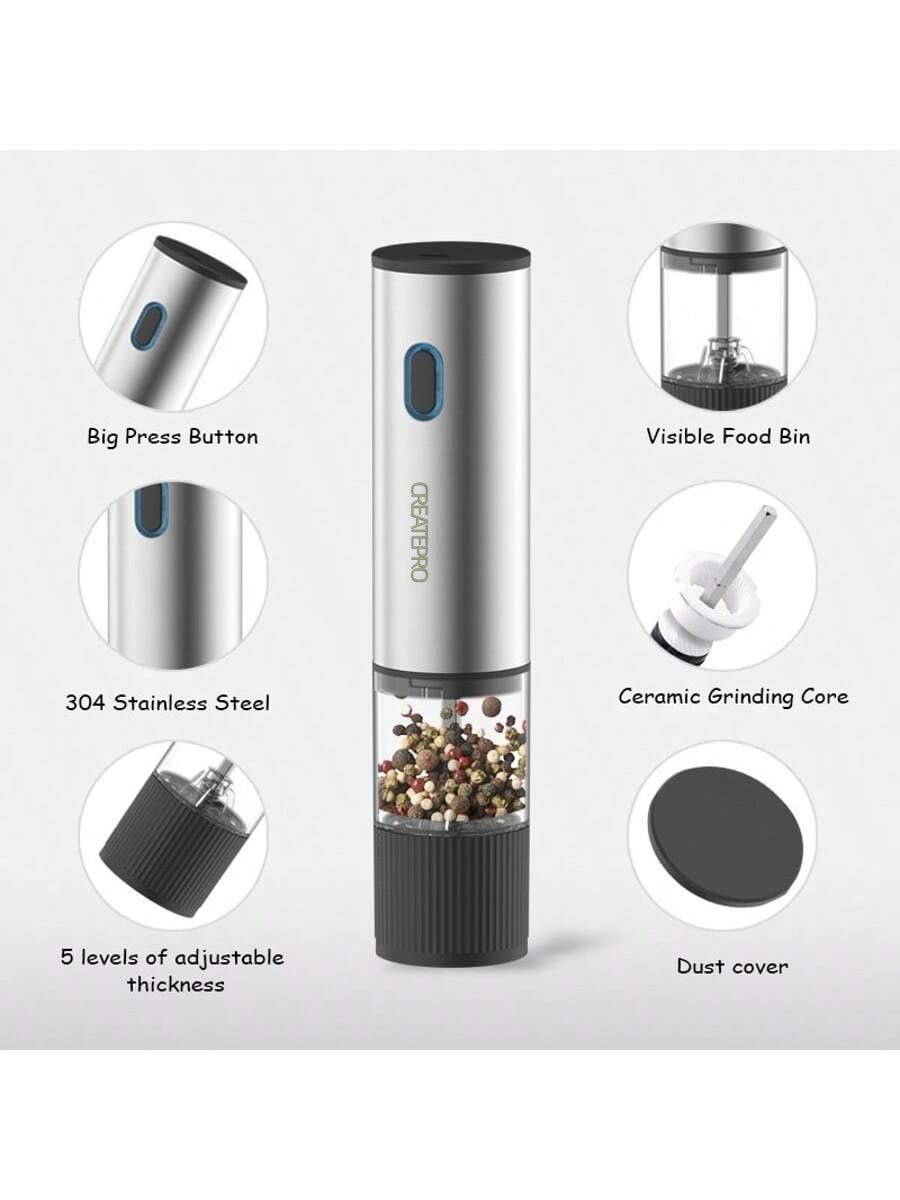Features: big press button, visible food bin, 304 stainless steel, ceramic grinding core, 5 levels of adjustable thickness, dust cover