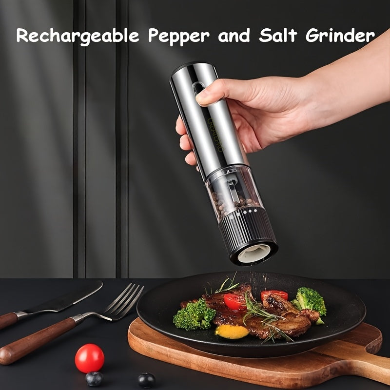 Electric grinder seasoning a steak, one-handed