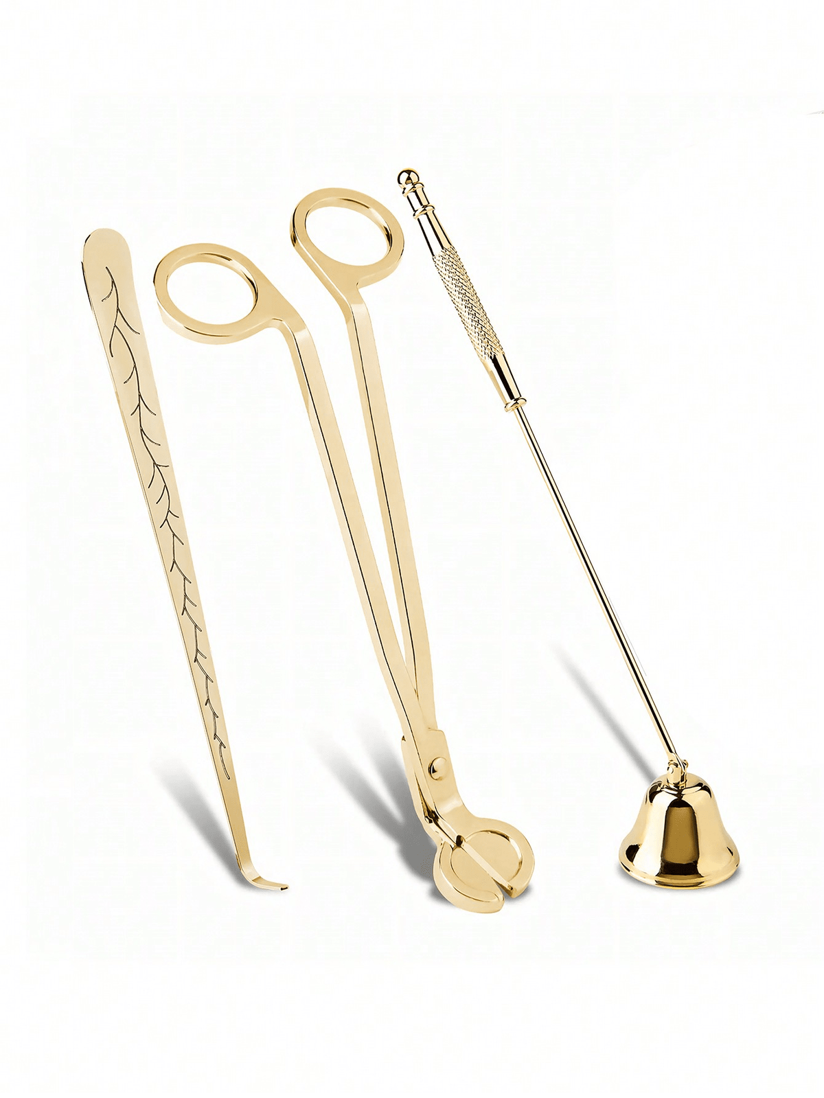 Gold stainless steel candle care set: wick dipper, wick trimmer and candle snuffer
