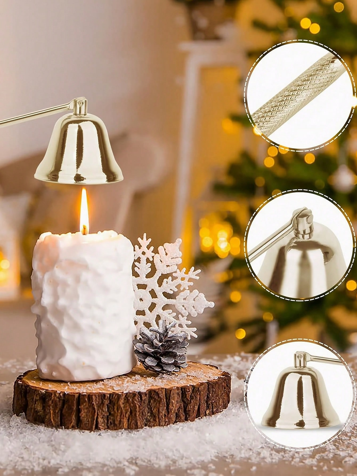 Gold candle snuffer bell over a white candle with festive decorations