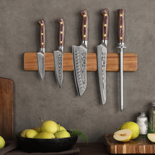 Acacia wood magnetic knife holder mounted on the wall with kitchen knives (knives not included)