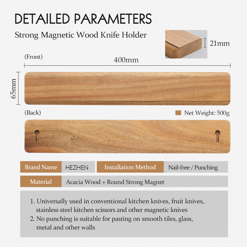 Detailed parameters: 400 mm long, 65 mm tall, 21 mm thick, 500 g, acacia wood with strong round magnets