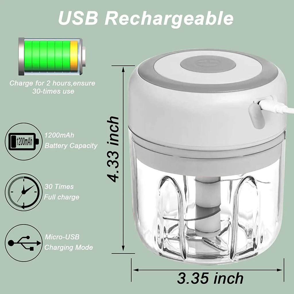 USB rechargeable chopper, 1200 mAh battery, about 11 cm tall and 8.5 cm wide