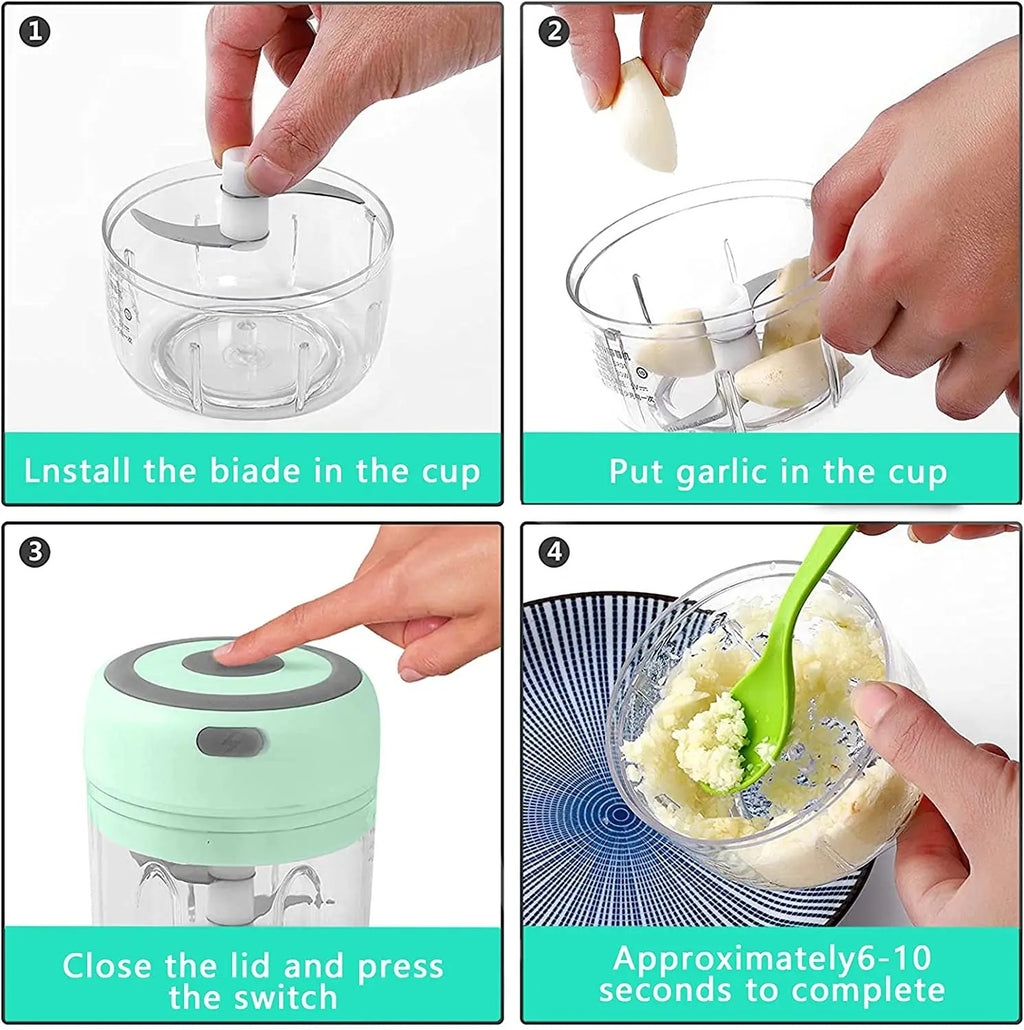 How to use: install the blade, add garlic, close the lid and press the switch