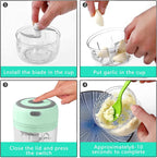 How to use: install the blade, add garlic, close the lid and press the switch