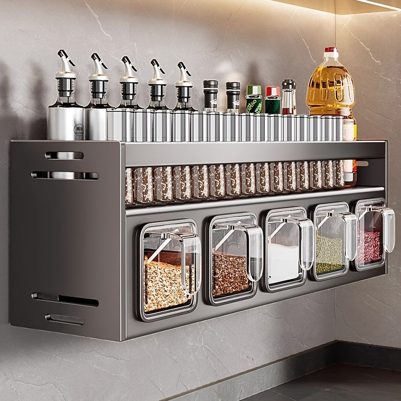 Wall-mounted spice rack with five airtight jars and a shelf for bottles