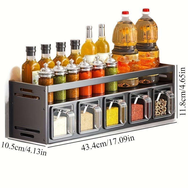 Spice rack dimensions: 43.4 cm wide, 10.5 cm deep, 11.8 cm high, with five jars