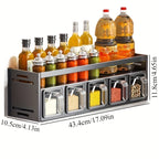Spice rack dimensions: 43.4 cm wide, 10.5 cm deep, 11.8 cm high, with five jars