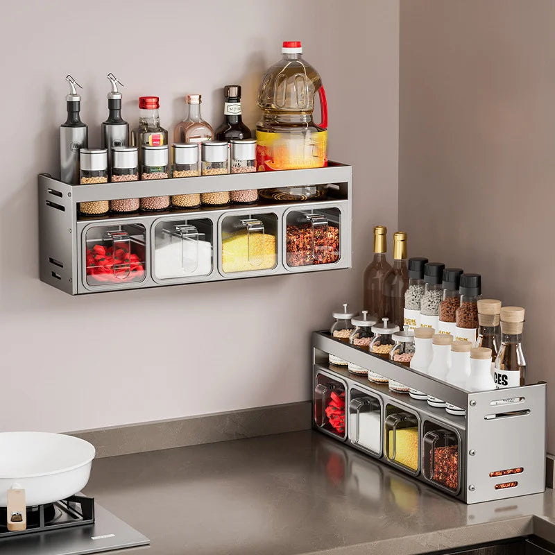 Wall-mounted and countertop spice racks in a kitchen
