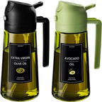 Two 2-in-1 oil sprayer and pourer bottles in dark green glass, black and green lids, with labels