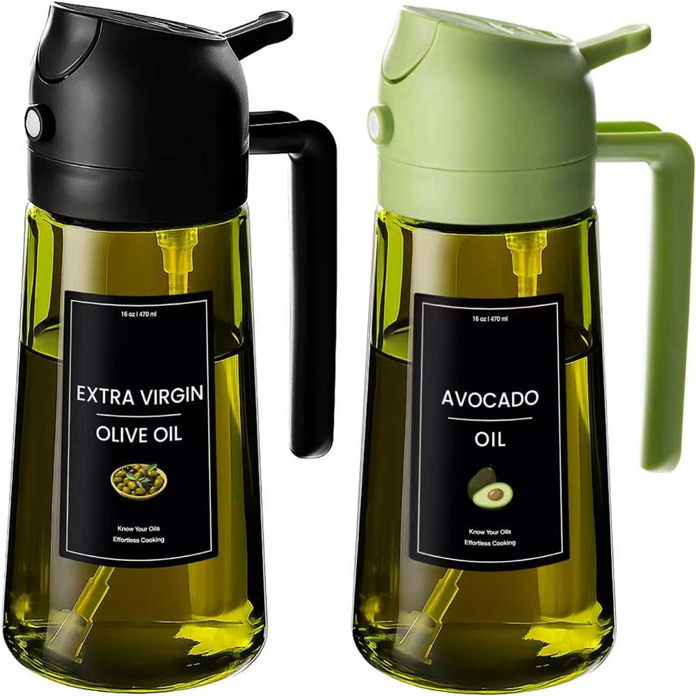 Two 2-in-1 oil sprayer and pourer bottles in dark green glass, black and green lids, with labels