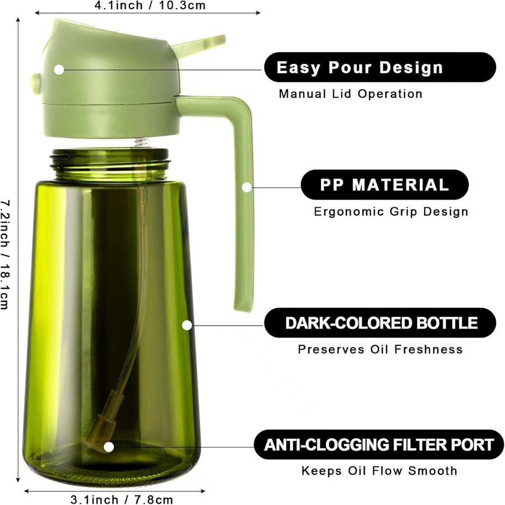 Dimensions and features: easy pour design, PP material, dark-colored bottle, anti-clogging filter port