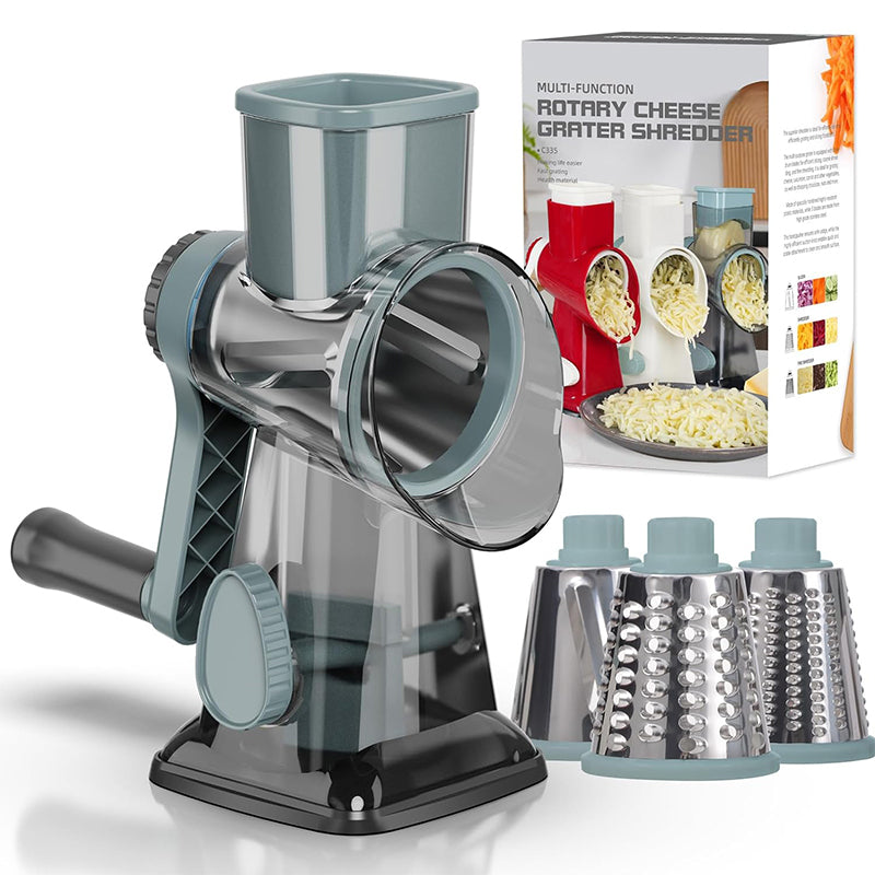 Rotary drum cheese and vegetable grater with three blades and gift box