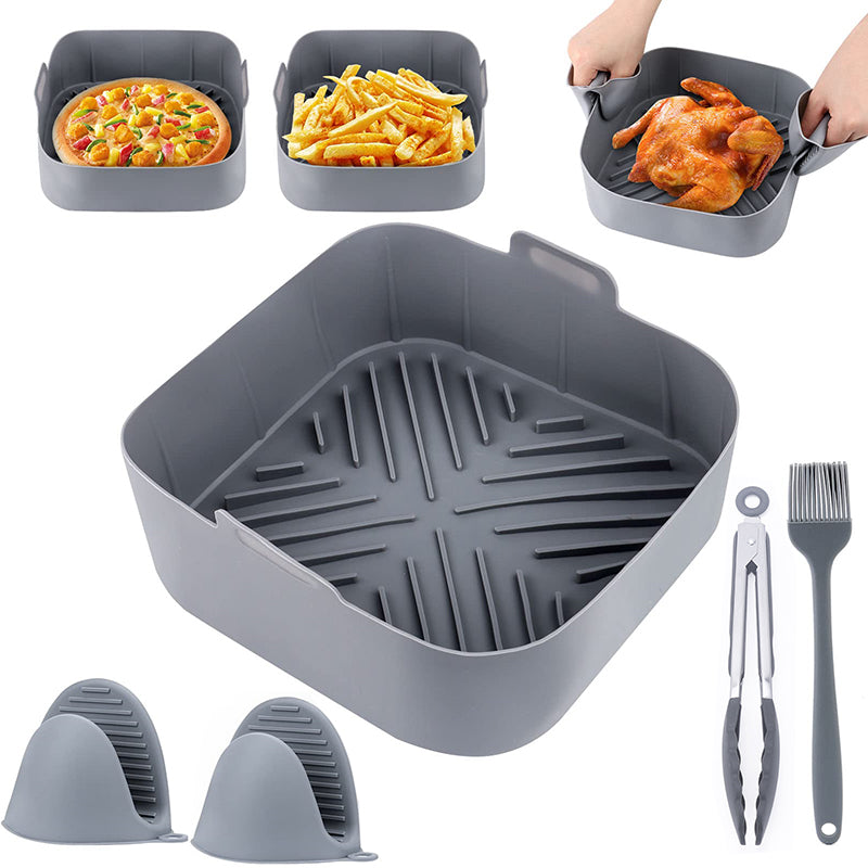 Square silicone air fryer tray with two oven mitts, tongs and silicone brush