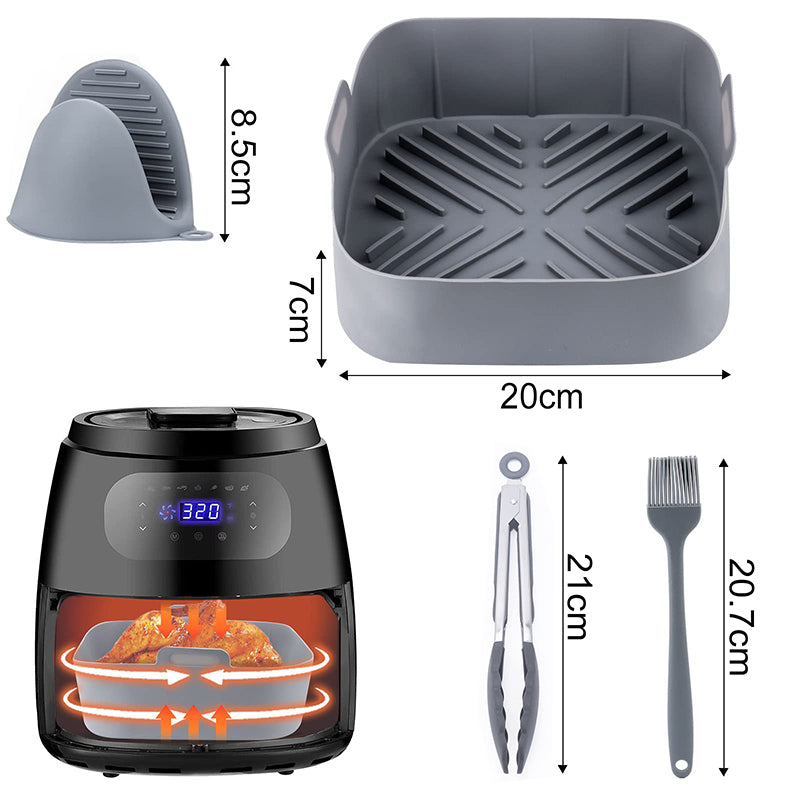 Silicone tray dimensions: 20 cm wide and 7 cm high, with tongs, brush and mitts
