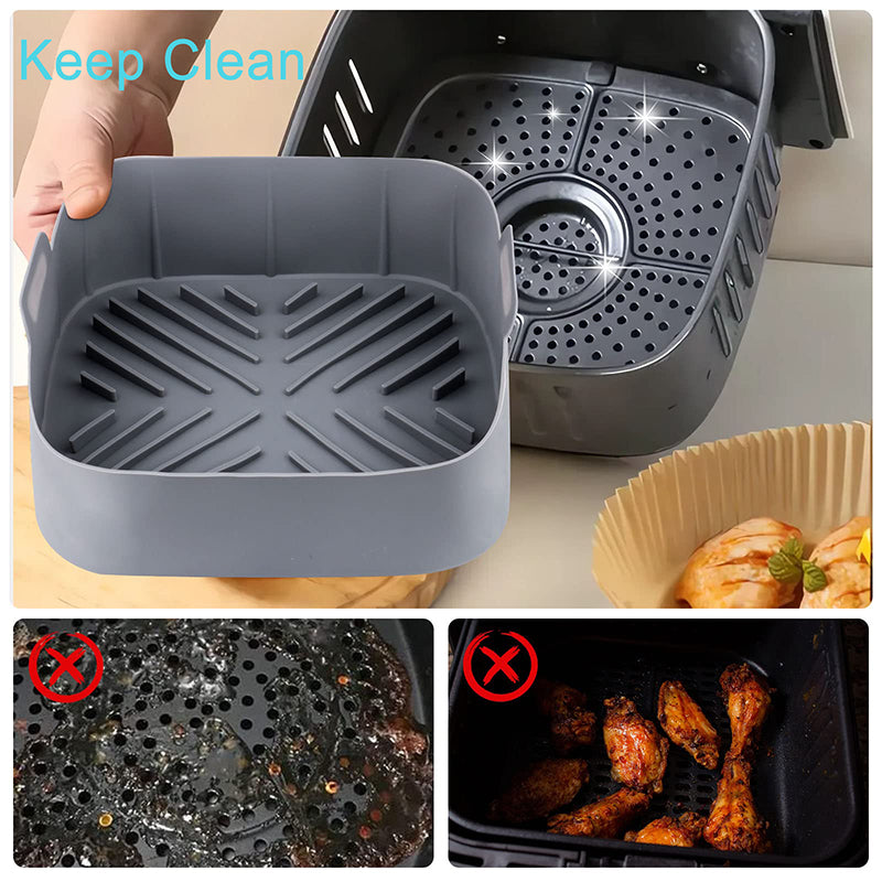 Easy-clean silicone tray in an air fryer basket