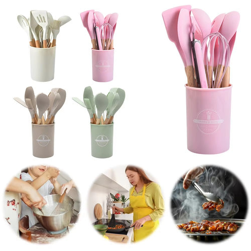 12-piece silicone and wood kitchen utensil set with holder in several colours