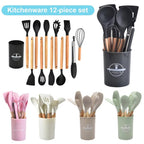 Kitchenware 12-piece set: turners, spoons, ladle, pasta server, tongs, whisk, brush and holder in black