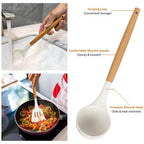 Wooden handle with hanging loop and silicone head, rinsed under the tap and used in a pan