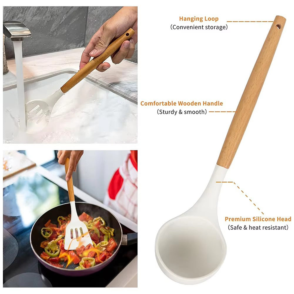 Wooden handle with hanging loop and silicone head, rinsed under the tap and used in a pan