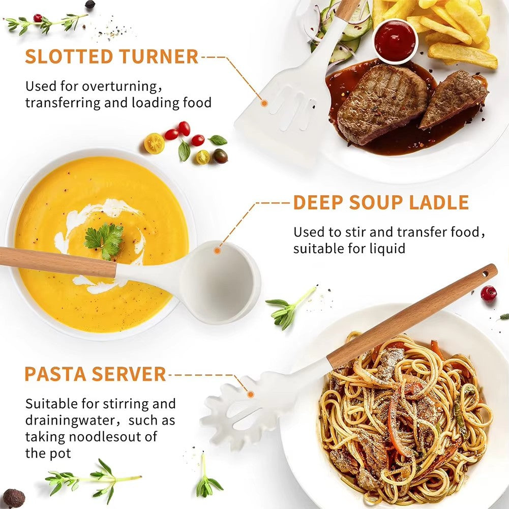 Slotted turner, deep soup ladle and pasta server in use