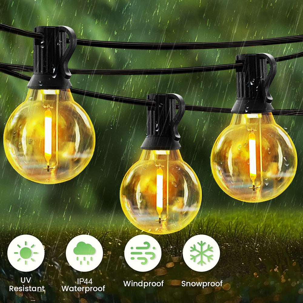 Outdoor string lights with shatterproof bulbs in the rain