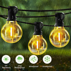 Outdoor string lights with shatterproof bulbs in the rain